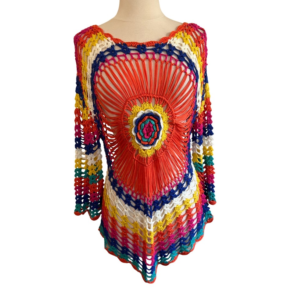 Unbranded Rainbow Crochet Tunic Top Floral Medallion Boho Festival Coverup S M